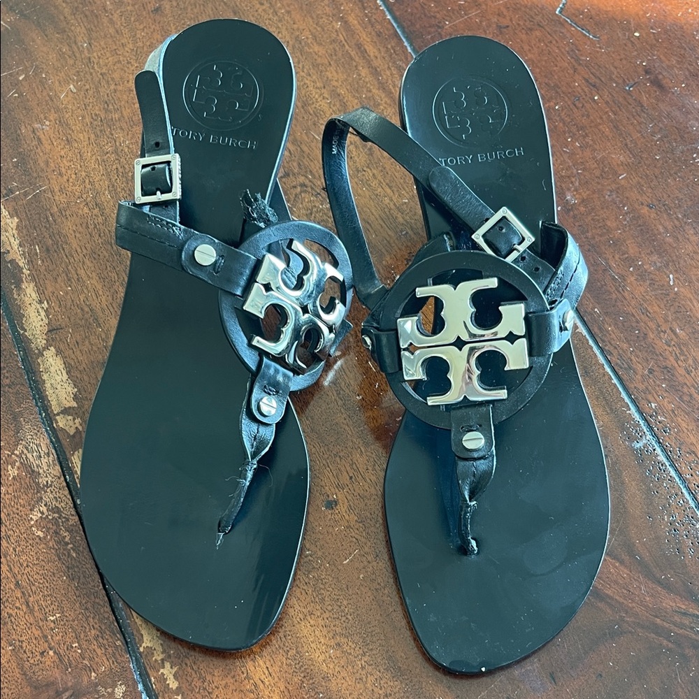 Tory Burch Black Sandals with Silver Accents